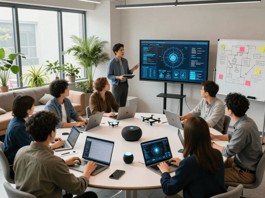 Professionals collaborating on hot AI strategies in a modern workspace