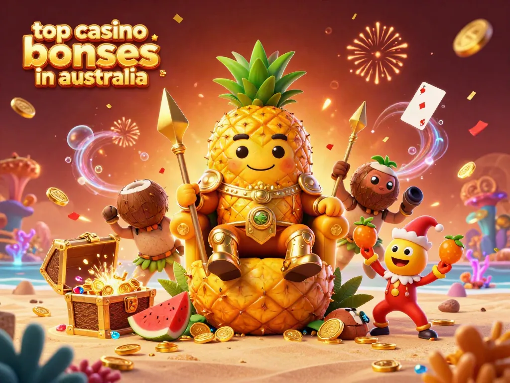 Experience the thrill of top casino bonuses in Australia with this vibrant animated scene showcasing a golden pineapple king and casino elements.