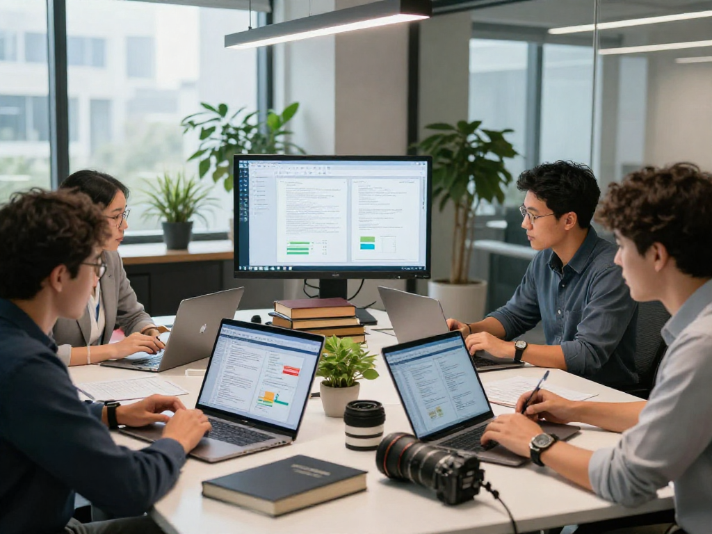 Document fraud detection team analyzing digital samples with advanced technology in a modern office setting.