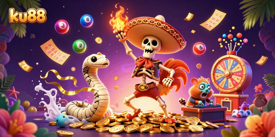Experience exciting wins and vibrant energy at ku88, featuring dynamic scenes with lottery elements.