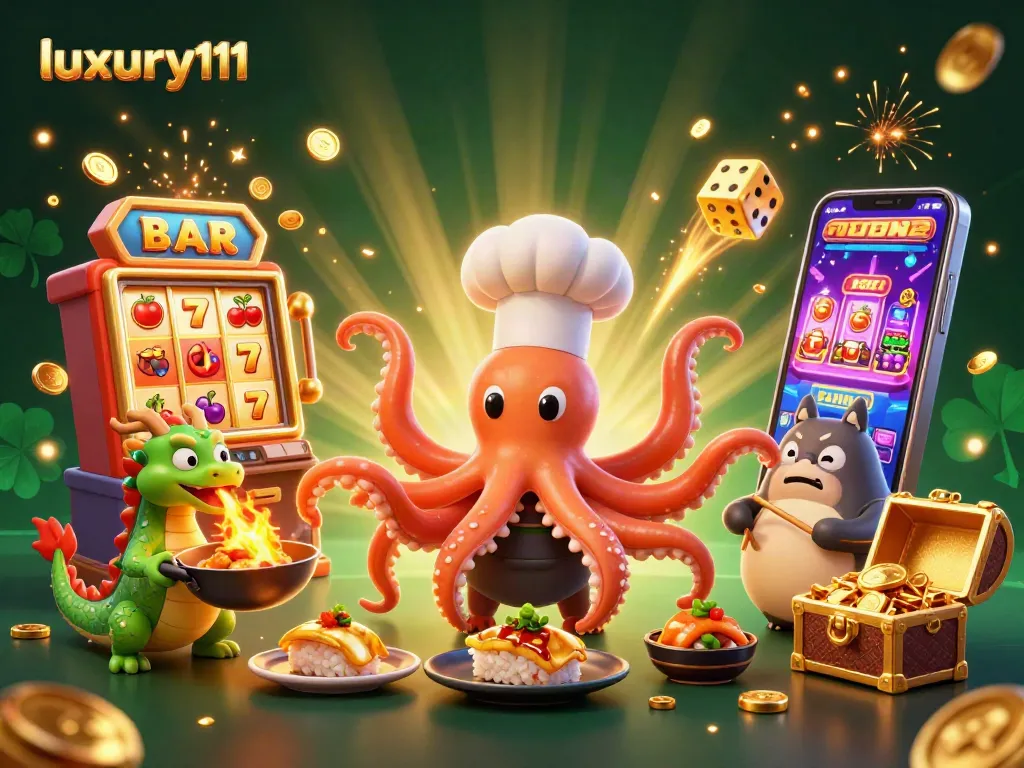 Experience the thrill of luxury111 with a vibrant casino scene featuring slot machines and festive energy.