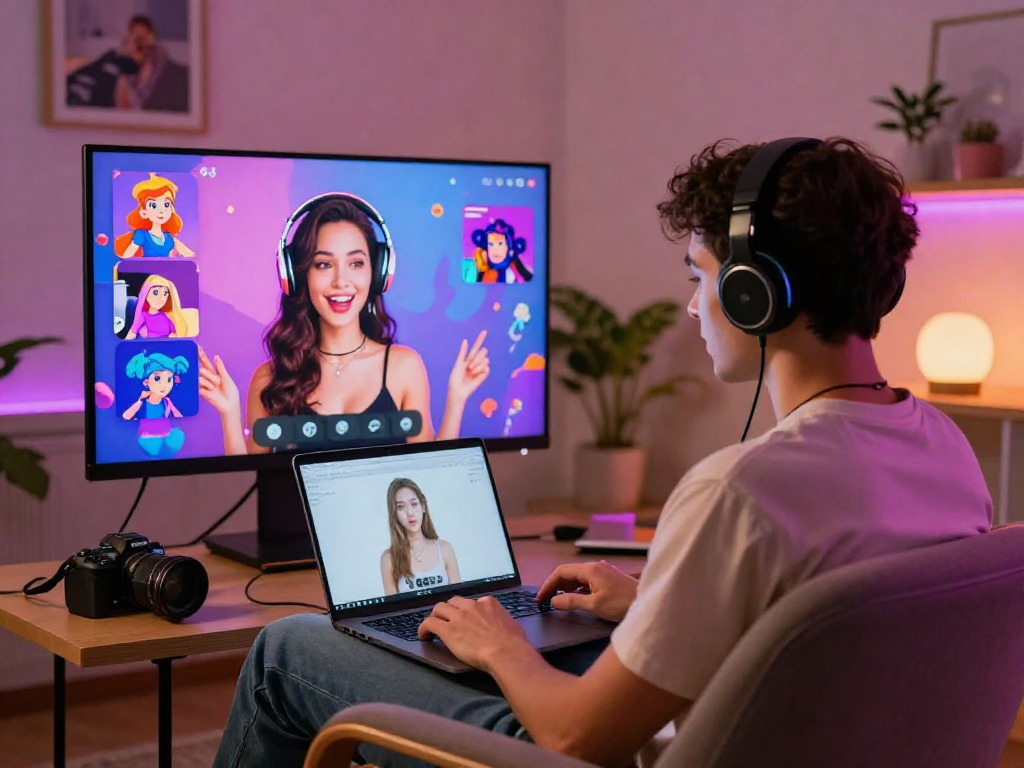 Engaging user in sex chat AI conversation with vibrant avatars in modern virtual setting.