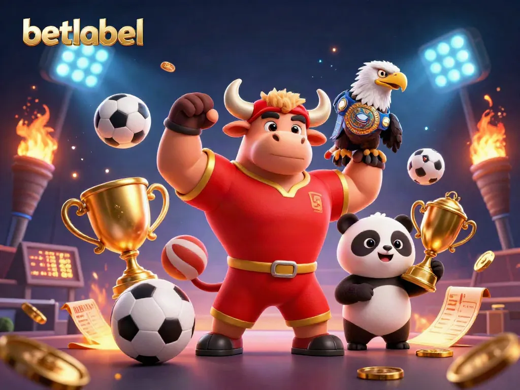 Experience thrilling wins with betlabel in a dynamic, colorful sports betting scene featuring a bull, eagle, and panda.