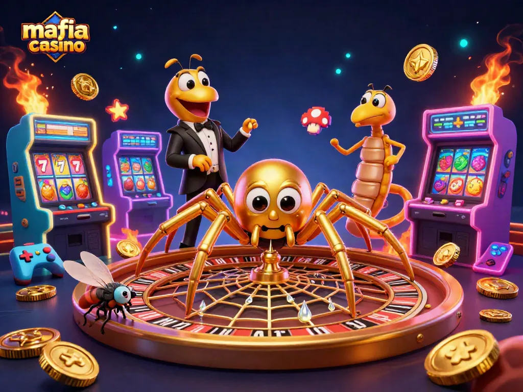 Engage in thrilling gameplay at mafia casino with colorful slots and a roulette web.