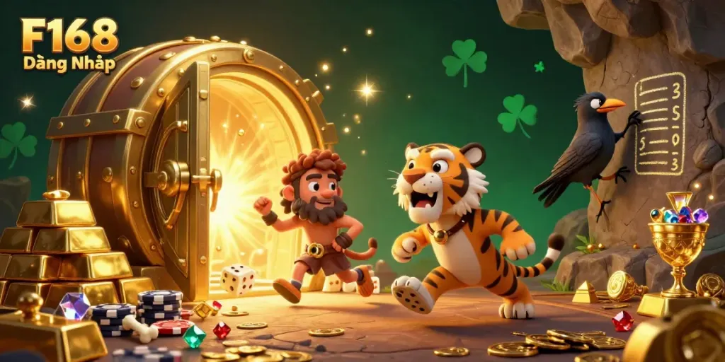 Engage in the F168 Đăng Nhập casino experience with playful 3D cartoon characters and dazzling treasures.