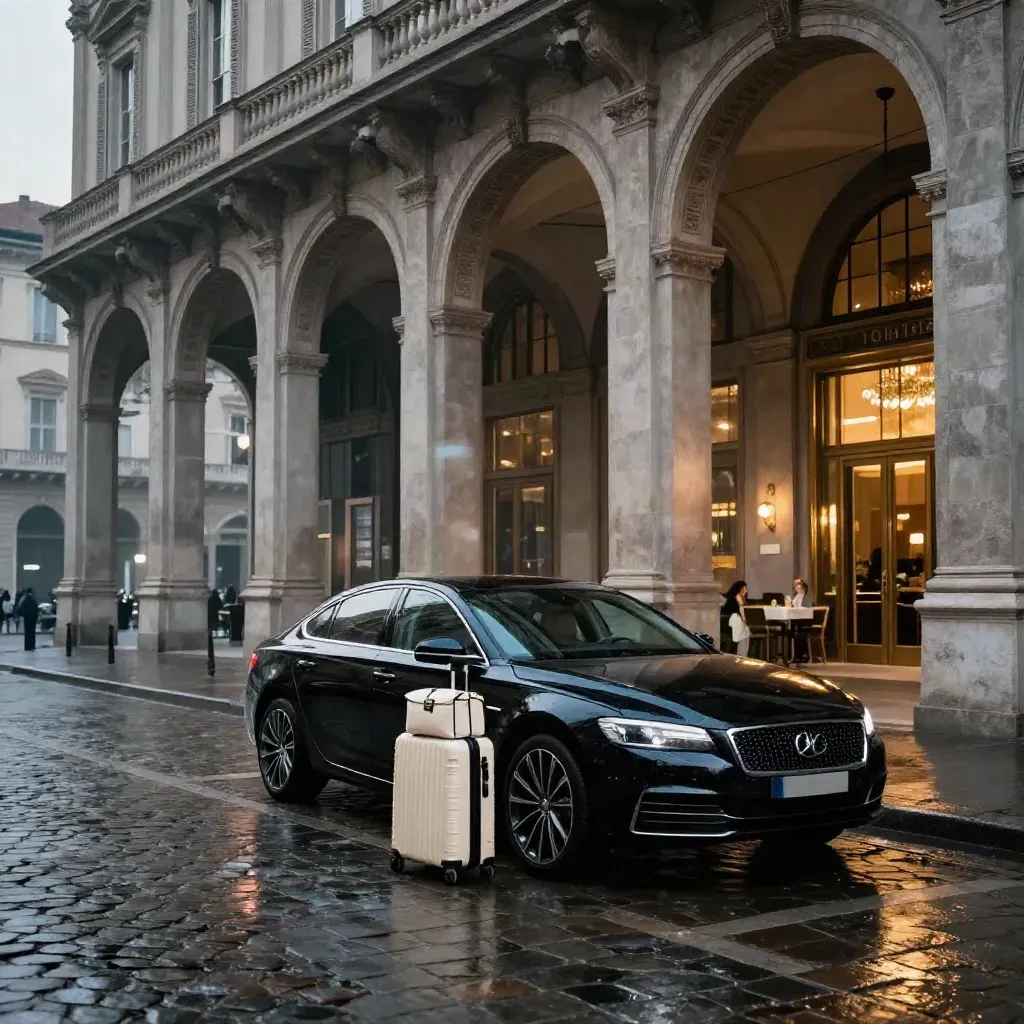Portici di Torino, auto nera, bagagli e hotel elegante dopo la pioggia.