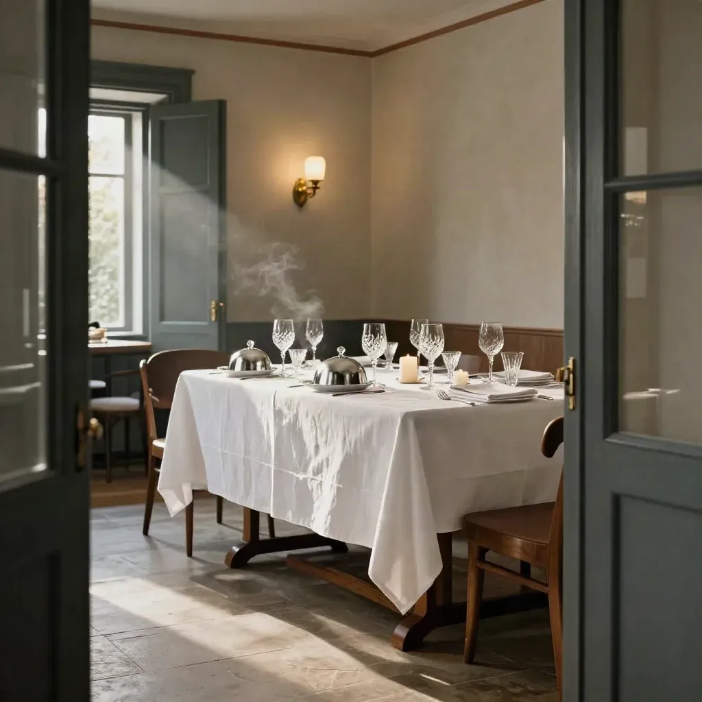 Tavolo riservato in sala privata, lino bianco, cristalli, candele basse e porta socchiusa.