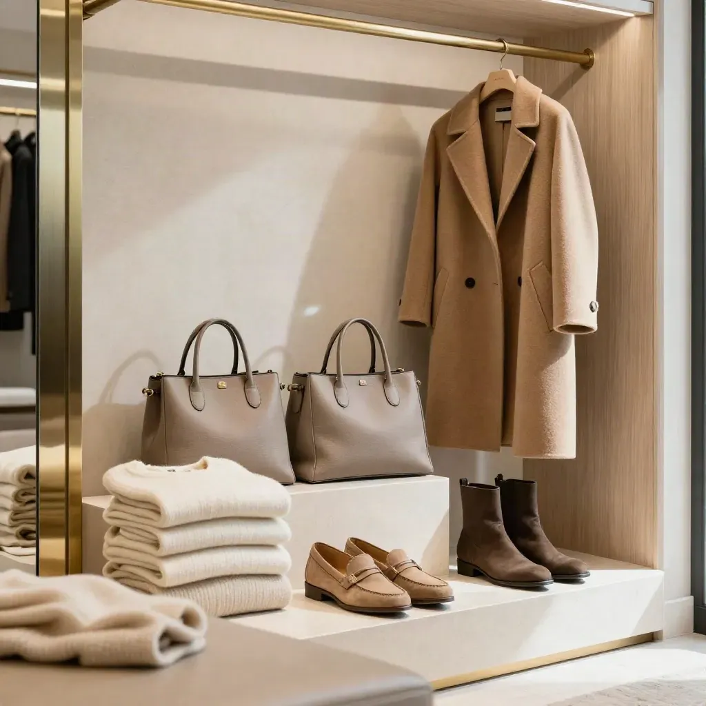 Cabina boutique con cashmere, scarpe suede, borse neutre e specchio parziale.