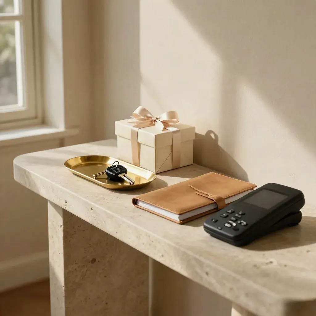 Console in pietra con box regalo avorio, chiave hotel, vassoio in ottone e telefono nero