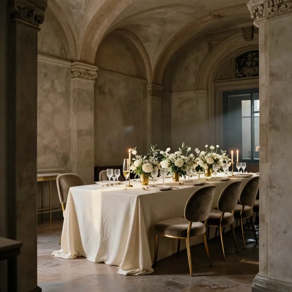 Salone storico torinese allestito per un evento privato, con candele e fiori bassi.