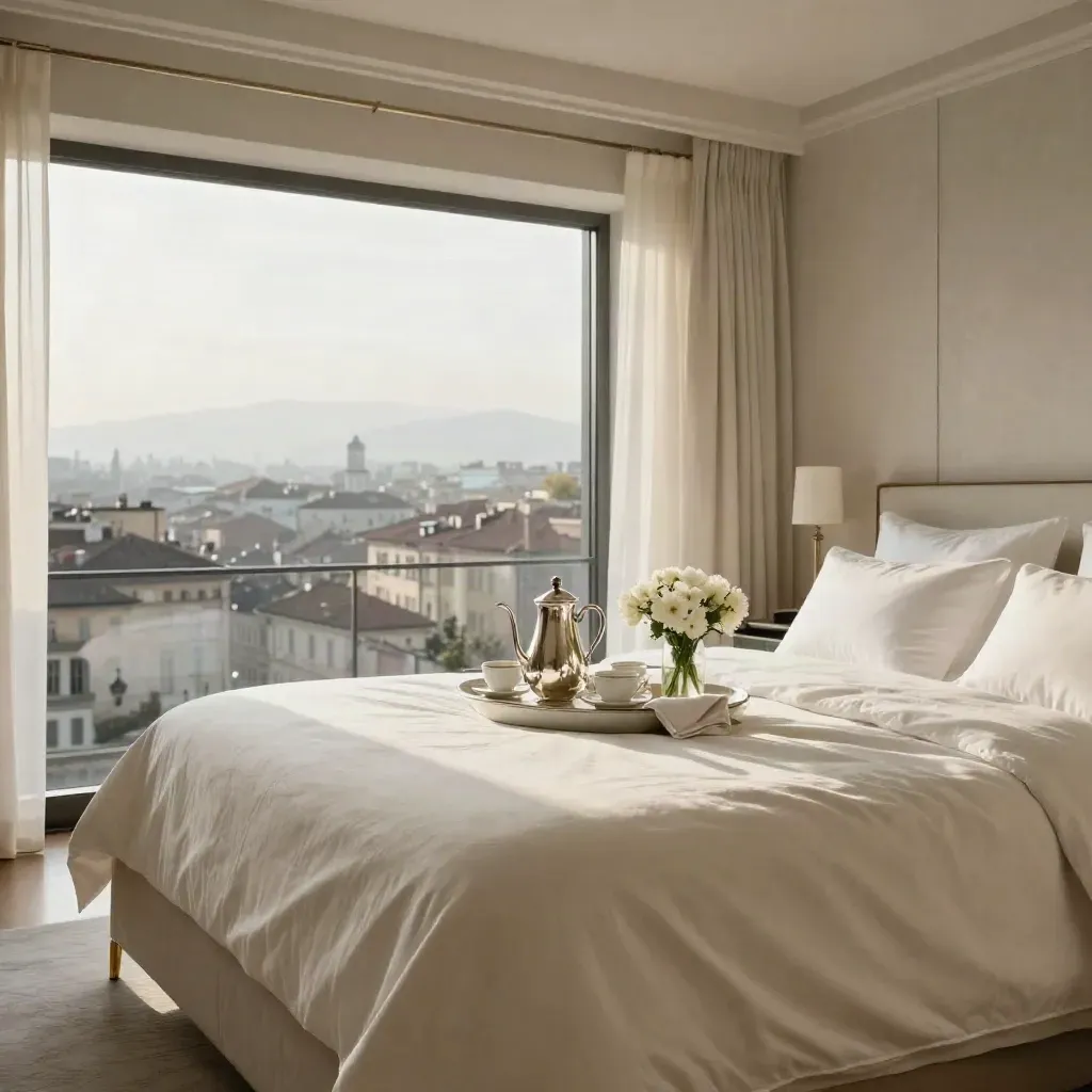 Suite di lusso con colazione, fiori e vista sui tetti di Torino dalla finestra.