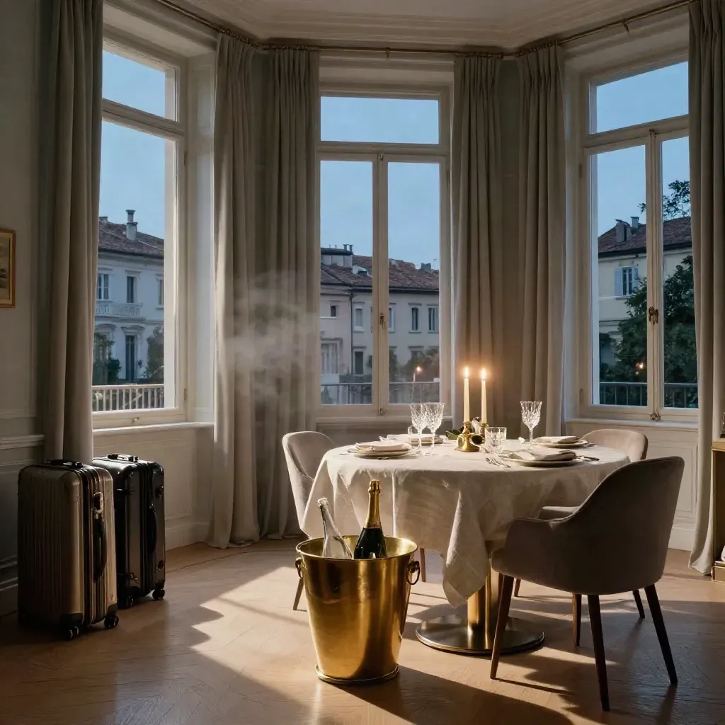 Suite elegante con champagne, tavola pronta e valigie per un weekend a Torino.