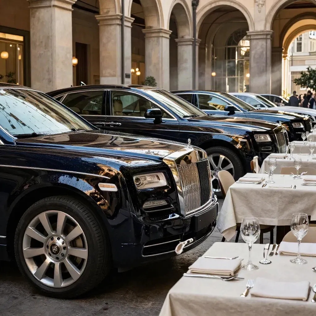 Berline nere sotto i portici e tavolo privato apparecchiato in sala elegante.