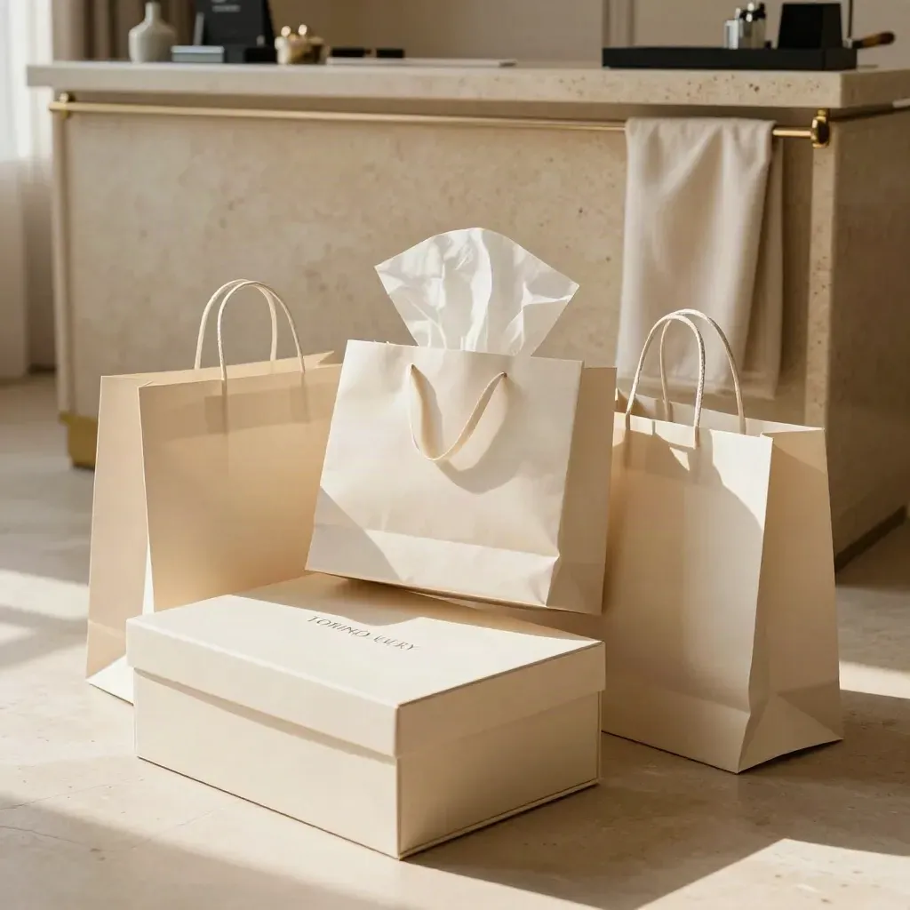 Borse shopping avorio e scatole scarpe pronte per la consegna in hotel, riprese da basso