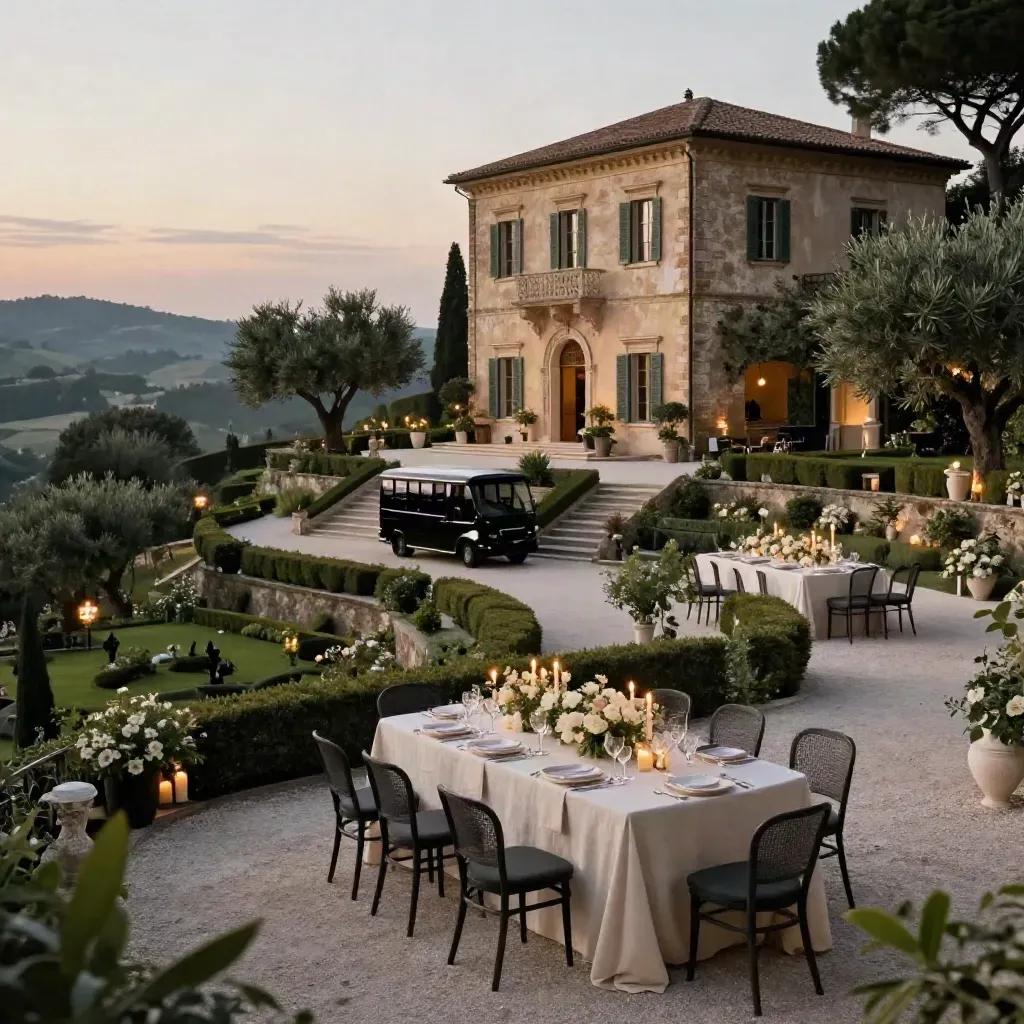 Villa storica in collina con tavola lunga, candele, fiori bassi e navetta al vialetto al crepuscolo.