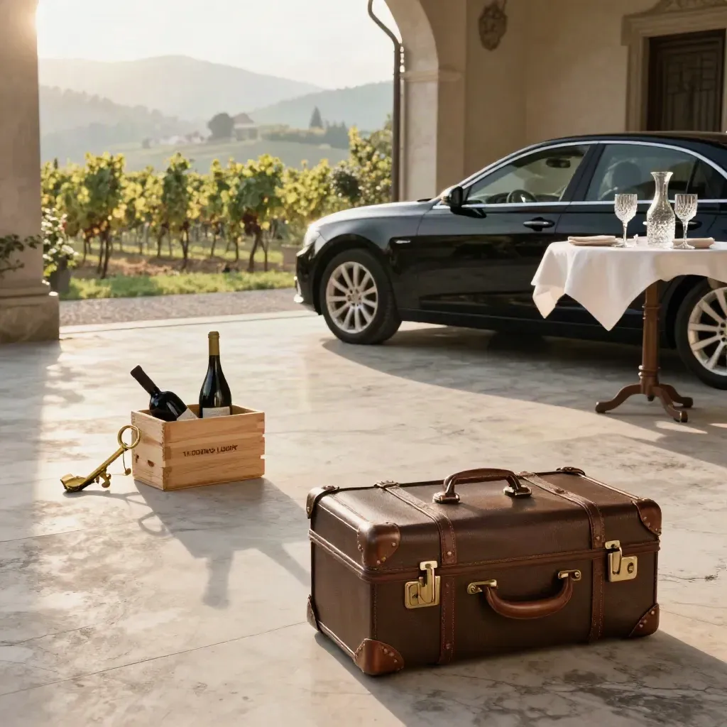 Valigia, chiave suite, bottiglia di vino e auto nera pronti in un portico elegante