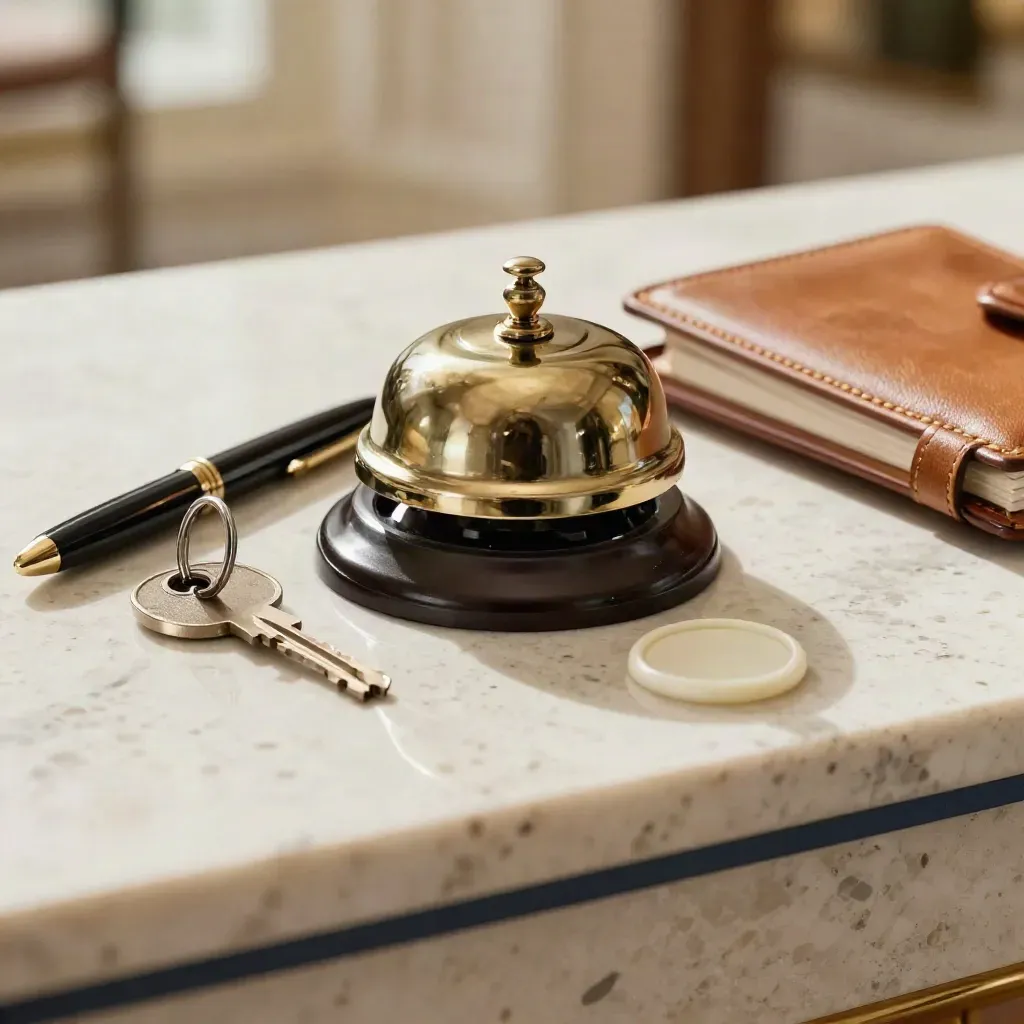 Campanello in ottone, chiave suite, penna, sigillo cerato e agenda in cuoio su travertino chiaro.