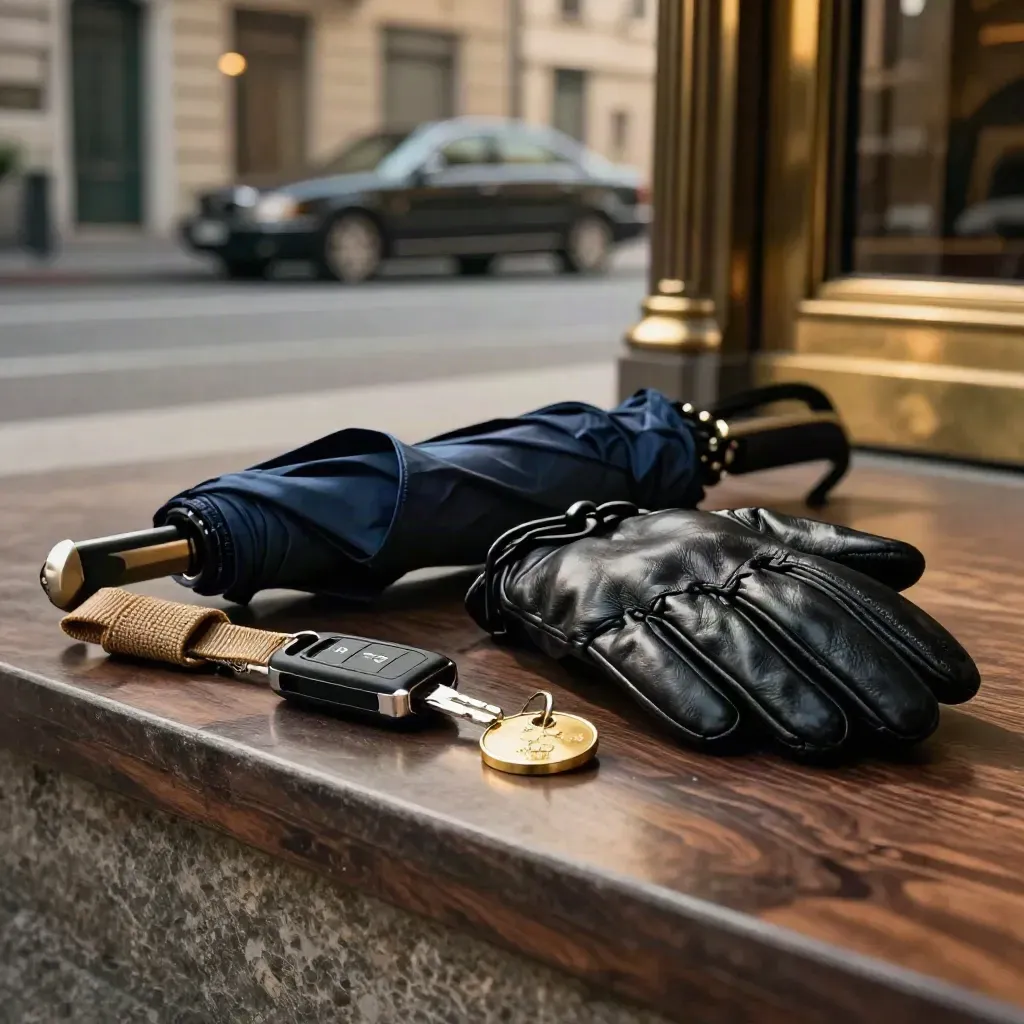 Kit transfer di lusso con chiave auto, ombrello, guanto e token valet su pietra scura.