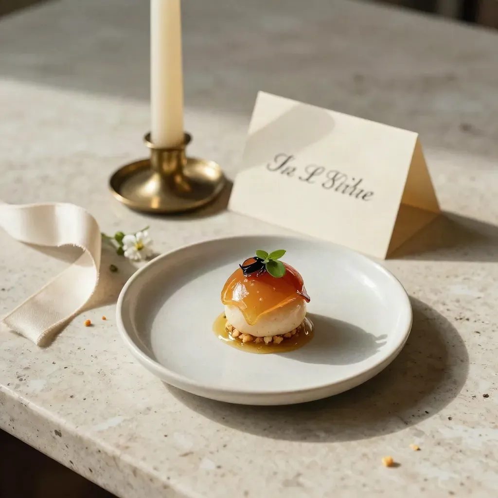 Amuse-bouche, flute vuota, candela e fiori su tavola in travertino per evento privato.