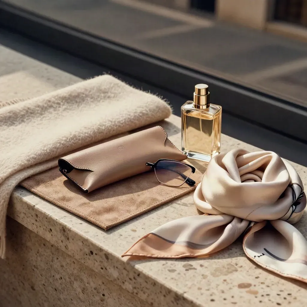 Cachemire, suede, pelle e seta su una ledge di travertino con luce radente.