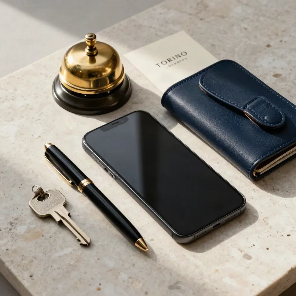Telefono nero, campanello in ottone, penna e chiave suite su pietra chiara