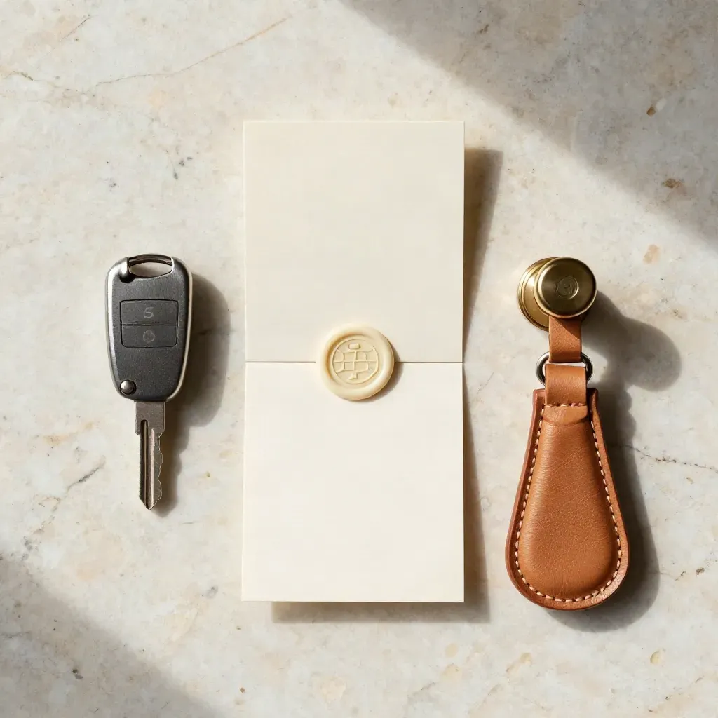 Flatlay con card avorio, chiave auto, sigillo in cera e portachiavi su travertino chiaro.