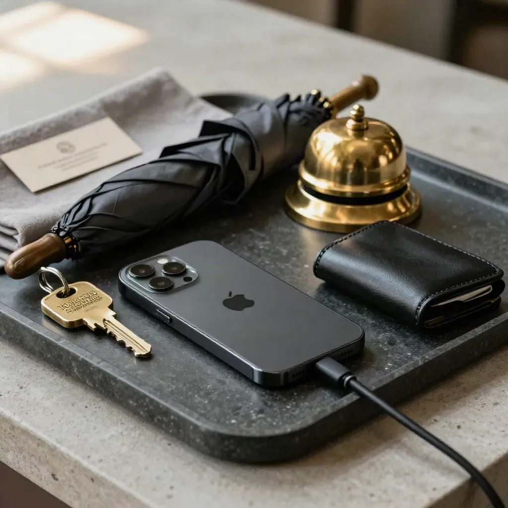 Telefono in carica, chiave camera, campanello in ottone e custodia in pelle su vassoio di pietra.