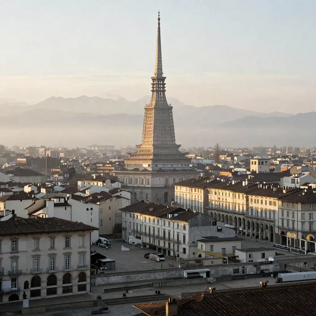 La Mole Antonelliana svetta su Torino Centro tra tetti in pietra e foschia dorata dell'alba.