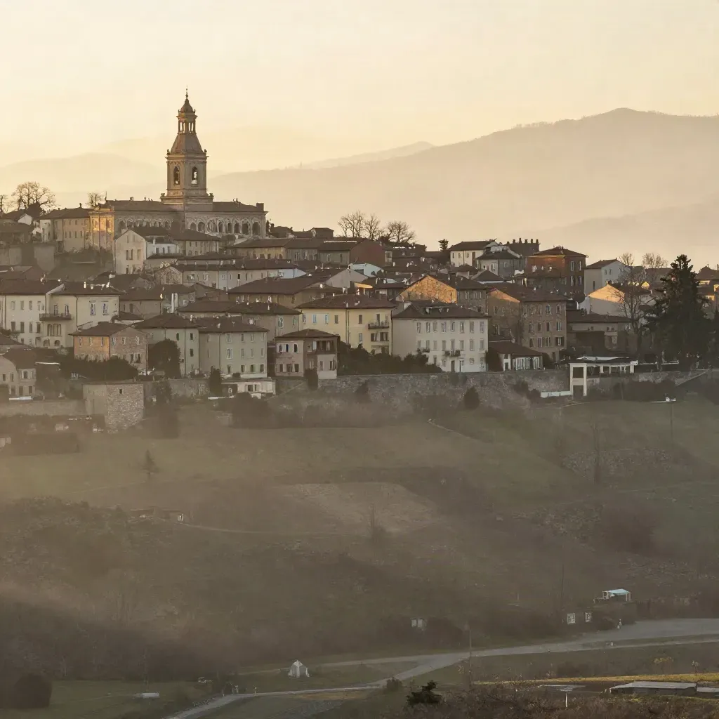 Moncalieri al tramonto con le colline torinesi avvolte nella foschia dorata