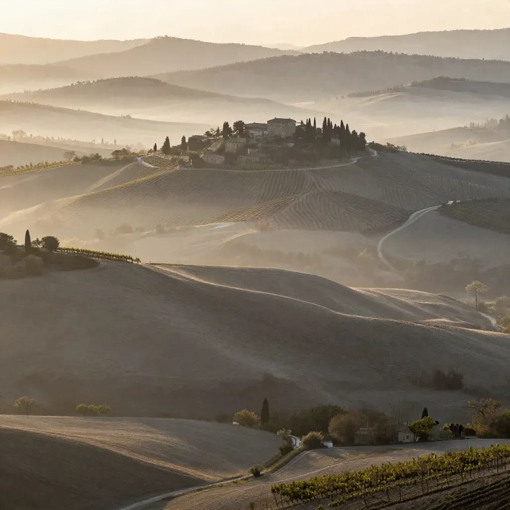 Colline delle Langhe e Roero con vigneti, borgo in cima e nebbia mattutina.