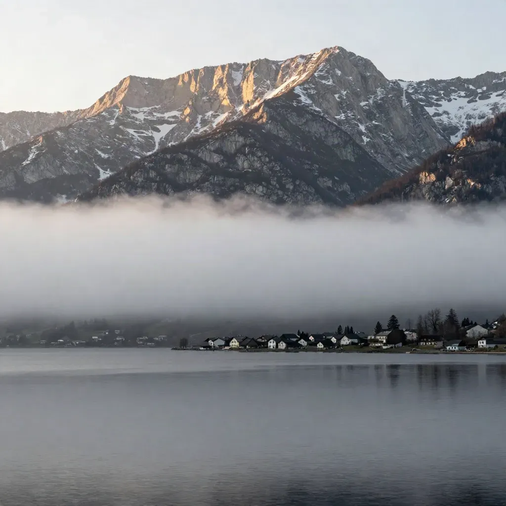 Lago alpino calmo con parete rocciosa alta e piccoli villaggi lontani sotto luce morbida.
