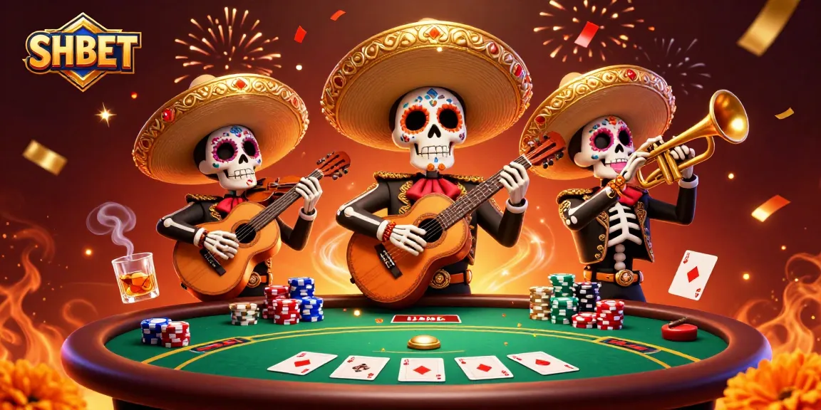 Engage in poker with SHBET at a vibrant Day of the Dead-themed casino scene.