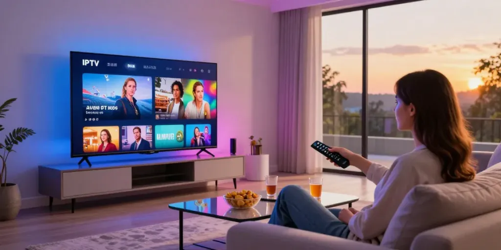 Test IPTV with vibrant content on smart TV in modern living room.