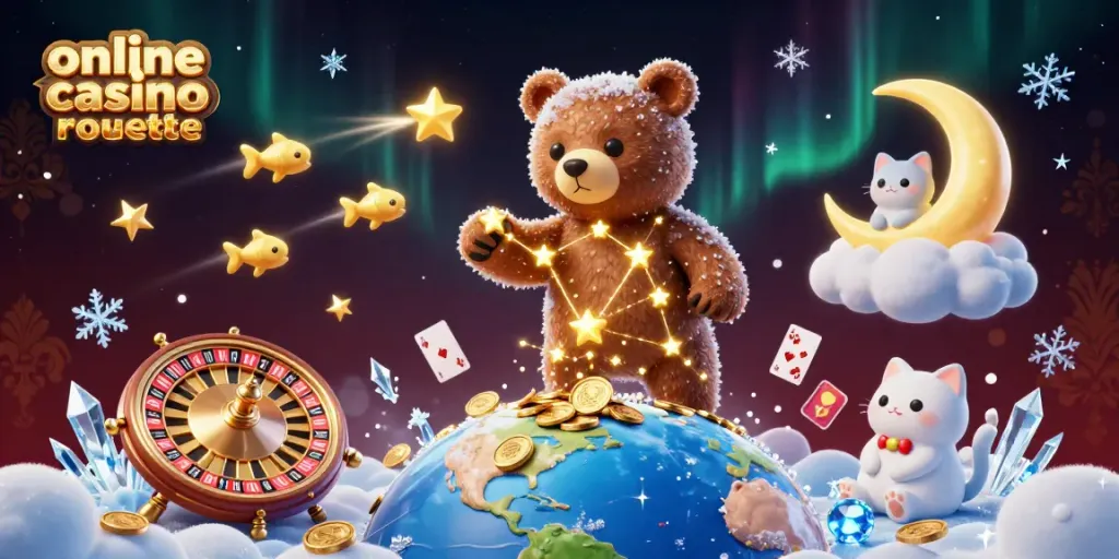 Engage with dynamic online casino roulette featuring a constellation bear, playing cards, and atmospheric elements.