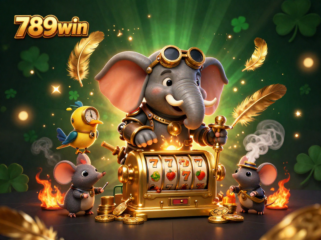 Spin the golden slot machine at 789win with steampunk elephant and cheerful characters.
