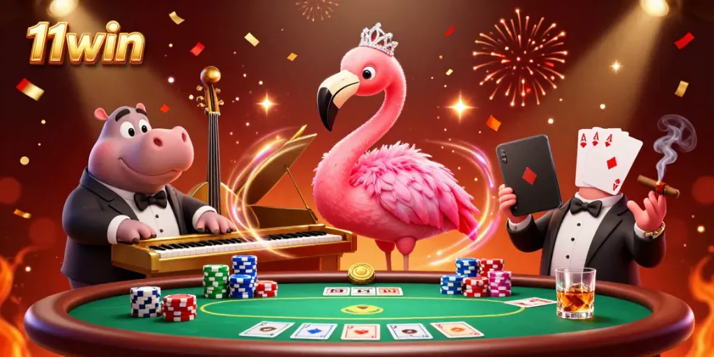Join the fun at 11win with a vibrant casino scene featuring lively characters and dynamic gaming elements.
