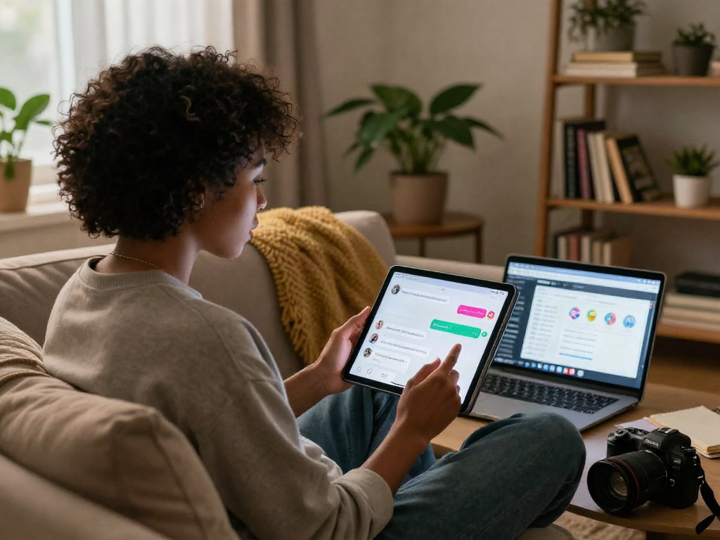 Engaging in free ai sex chat on a tablet in a cozy home setting.